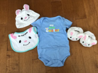 MY FIRST EASTER 3-6M ONESIE RATTLE BUNNY SHOES BUNNY HAT & BIB