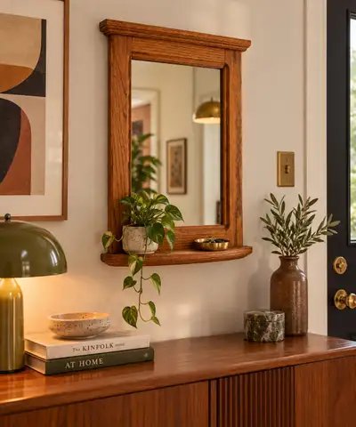 vintage MCM solid wood mirror with shelf , View more