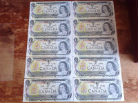 1973 Canadain one dollar bills sequentially numbered