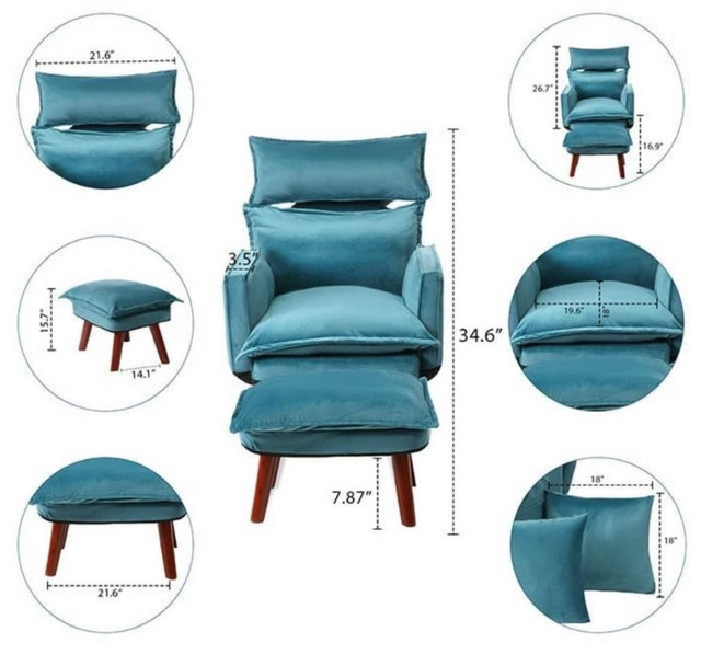 NEW MOONVELLA Velvet Chair & Ottoman with Pillows - TEAL BLUE in Chairs & Recliners in Calgary - Image 2
