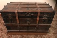Antique Wooden Travel trunk with engraved leather strap handles