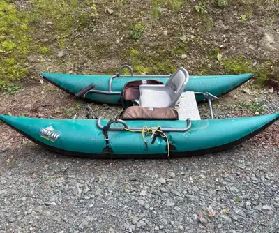 This is a used inflatable pontoon boat, perfect for fishing or leisurely floats on the lake. It has...