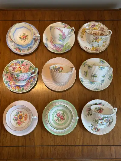 Beautiful vintage fine bone china teacup and saucer sets from renowned English brands including Ayns...