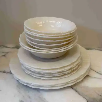Vintage opalescent white milk glass Corex dinnerware, View more