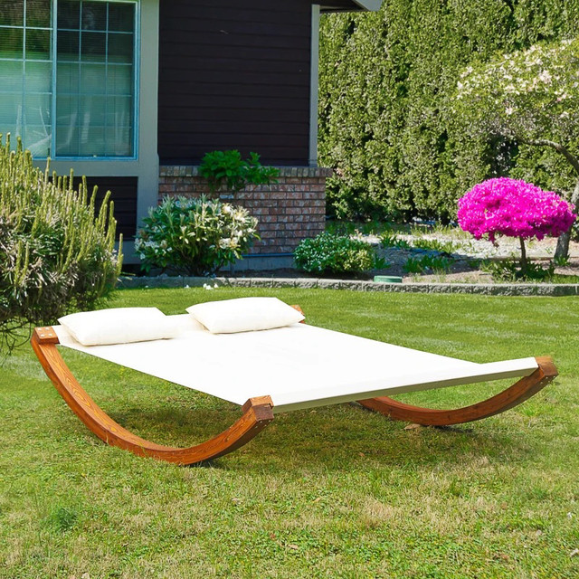 Rocking Double Sun Lounger Hammock with Curved Wooden Stand Outd in Patio & Garden Furniture in Markham / York Region