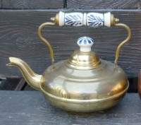 Vintage Brass Tea Pot or Coffee Kettle with Porcelain Handles