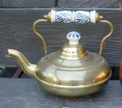 Vintage Brass Tea Pot or Coffee Kettle with Porcelain Handles, View more