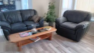 Black LEATHER loveseat and chair.  Excellent condition.  $350, View more