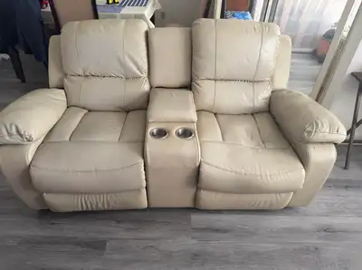 Cream Leather Reclining Loveseat with Console, View more