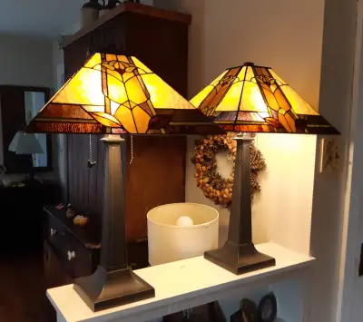 Two Mission-Style Stained Glass Lamps, View more