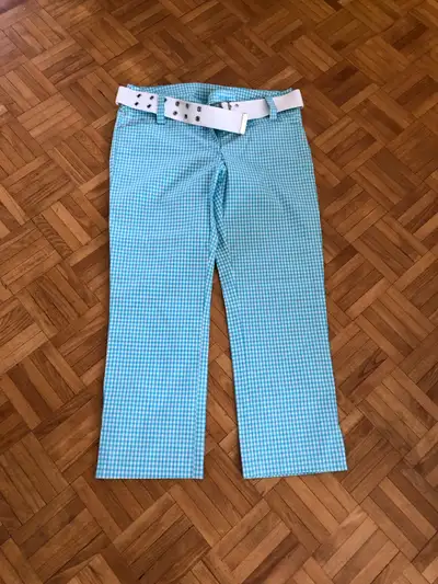 Blue/turquoise & white Front zipper & button Ankle length Belt included Size medium Never worn