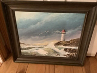 Lovely Vintage Lighthouse Oil on Board Painting