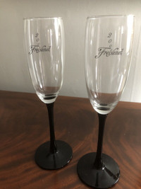 Two Freixenet Black Stem Champagne Flute Glasses - 9" Tall 