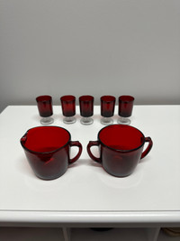 Vintage Ruby Red 1oz Glasses + Cream + Sugar Set