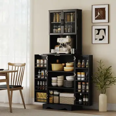 Black 71" Kitchen Pantry Cabinet, Freestanding Kitchen Hutch , View more