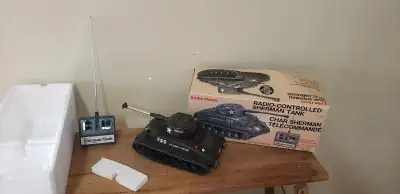 Radio Shack Toy Sherman Tank 1970s? ORIGINAL BOX with remote works great. UP FOR SELL WE HAVE THIS V...
