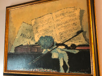 Edzard Flowers and Music with Violin signed Painting on canvass