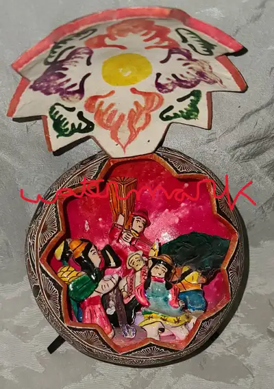 Original Folk Art, Gourd Retablo, Huancayo, Peru, Featuring Village People, Marked, 4 3/4” diameter...