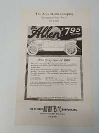 Original 1916 Allen Motor Co.  Stalker Newspaper Ad Copy