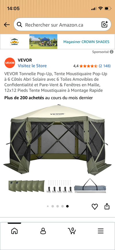 Abris moustiquaire VEVOR 12x12 NEUF avec 6 cotés pour 8 personnes avec toiles coupent vent , impermé...