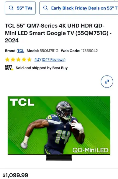 2024 TCL 55" QM7-Series 4K UHD HDR QD-Mini LED Smart Google TV, View more