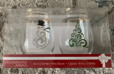 New in box, never opened Retails for $39.99 + tax Set of two Celebrations by Mikasa stemless wine gl...