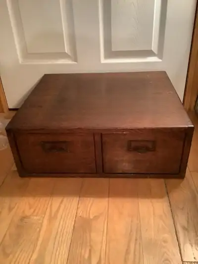 Vintage tiger wood oak double file drawer card catalog. All brass hardware is original. Drawers are...