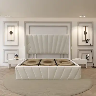 Never Used ~ Beige Queen Size Platform Bed w/ Hydraulic Storage, View more