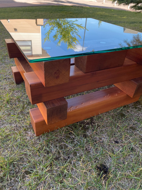 Solid Teak Coffee Table w/ Rounded Edge Heavy Duty Glass Top Coffee