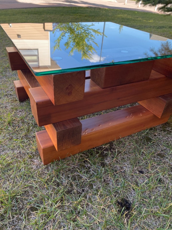 Solid Teak Coffee Table w/ Rounded Edge Heavy Duty Glass Top Coffee