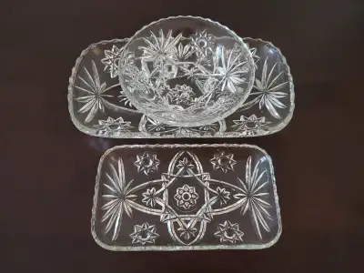 Vintage Heavy Cut Glass Serving Plates; set of 3; large plate size 12" x 6.5"; very pretty and gorge...