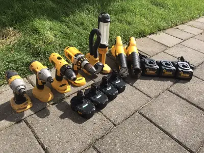Dewalt drills, sawzall, flashlight,batteries, chargers, View more