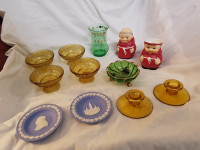 Various items: clear and colored glass, and china (make an offer