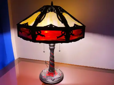 Antique Slag Glass Lamp Shade with Ornate Dragonfly Base – Art N, View more