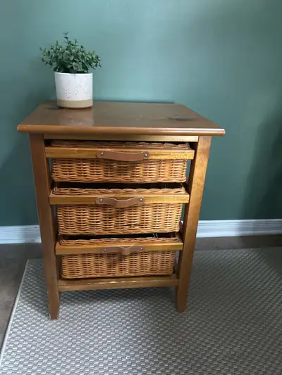 Three Drawer Wood and Wicker End Table, View more