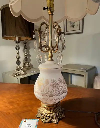 Vintage Frosted Glass Lamp with crystals, View more