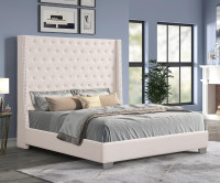 New Sleek Lyra Queen Bed - Timeless Elegance in Beige In Sale