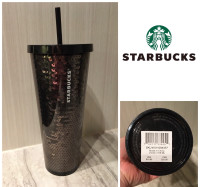 STARBUCKS - NWT - BLACK / SILVER SEQUIN SPARKLE TUMBLER COLD CUP