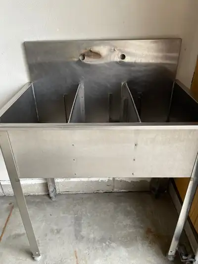 *SOLD* Vintage Restaurant Quality Stainless Steel 3 Compartment Utility Sink (pipes included). Durab...