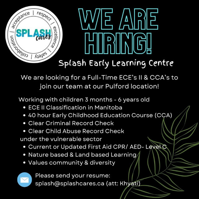 JOB position Available: ECE'S & CCA's in Child Care in Winnipeg