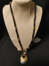 Black Wood and Gold Tone Metal Necklace