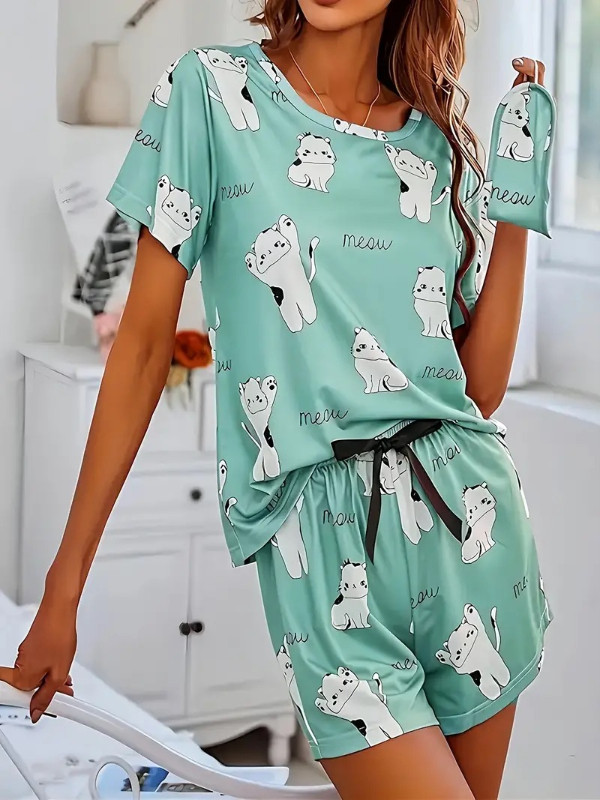 Cute Cat & Letter Print Lounge Set, Short Sleeve Round Neck in Women's - Other in Kitchener / Waterloo