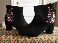 Black Suede Embroidered Ankle Boot - Size 8