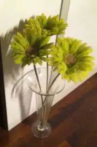 grand vase en verre décoratif et fleurs (marguerites) vert lime