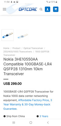 Nokia 3HE10550AA Compatible 100GBASE-LR4 QSFP28 Transceiver