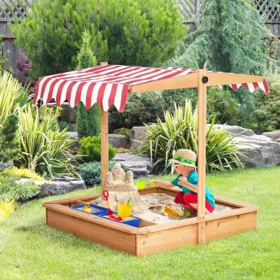 Kids Wooden Sandbox, Children Play Sand Station Outdoor with Adjustable Height Cover Lid, Bottom Lin...