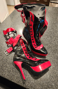 RED AND BLACK BUCKLE UP PLEASER HEELS