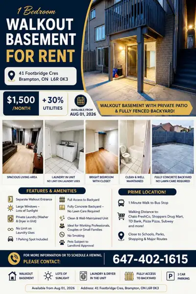 1 Bedroom Walkout Basement for Rent – Brampton 41 Footbridge Cres, Brampton, ON L6R 0K3 $1,500/month...