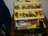 FISHING TACKLE BOX , full , typical MANITOBA TACKLE BOX , Used