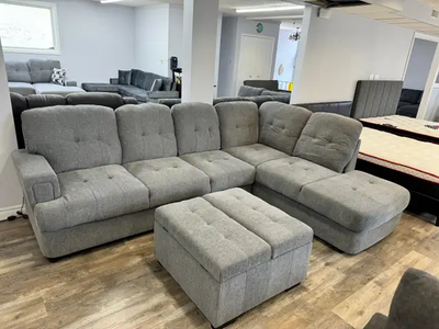 New Elegant Sectional Sofa With RHS Chaise & Ottoman Grand Sale, View more